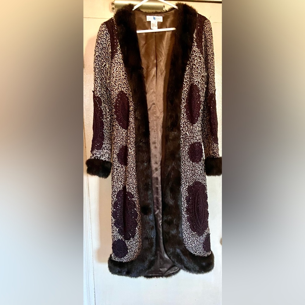 Vtg Sue Wong Nocturne Cocoa Brown Fur Trim Ribbon Lace Coat 6